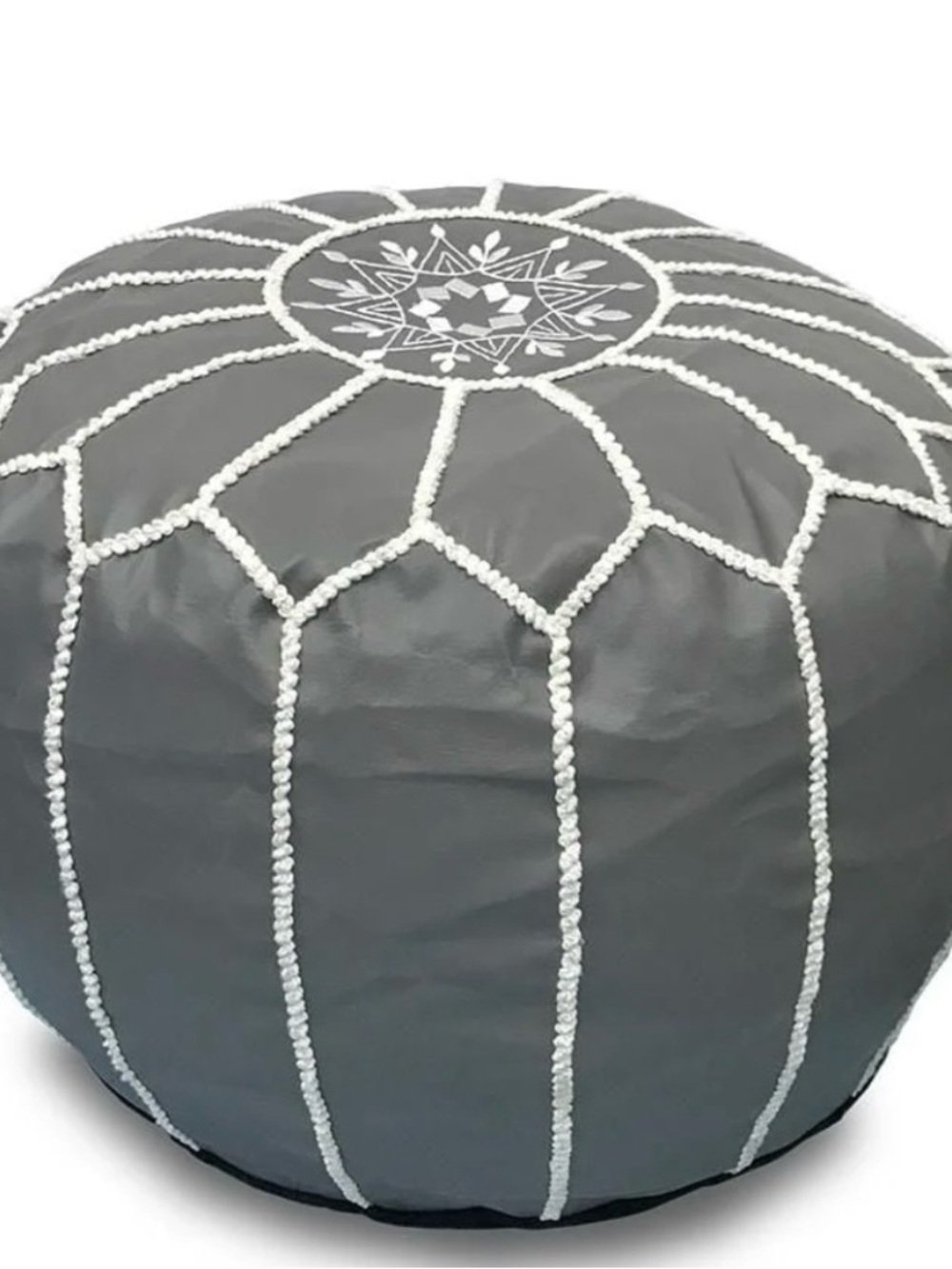Embroidered Pouf Ottoman in Charcoal Gray with White Trim